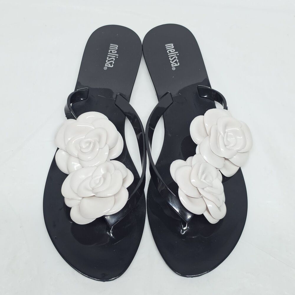 Melissa Harmonic Garden Flowers Flip Flops Black Jelly Thong Sandals Size US 8